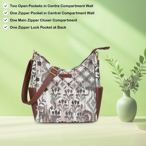 Abstract Print Tapestry Hobo Crossbody Bag for Women, Leather Shoulder Sling Bag - Picture 4 of 8